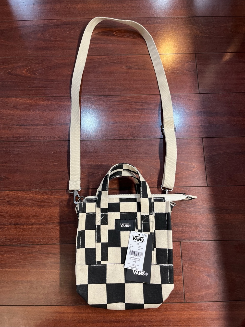 Vans Lil Pergs Tote Bag Small Crossbody Canvas Antique White Checkerboard 8x7x3 - Picture 5 of 16